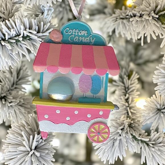 Cotton Candy & Ice Cream Carts Christmas Tree Ornaments Striped Roof Blue Pink - Picture 2 of 8